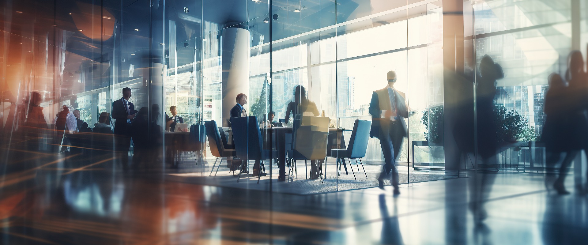 Blurred business people meeting in modern office building conference room, Generative AI