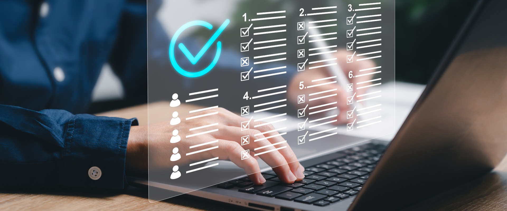 Checklist and clipboard task management verifying the validity and assessment form concept, Businesswomen use laptop to approve requests for document online evaluation test,Paperless online survey